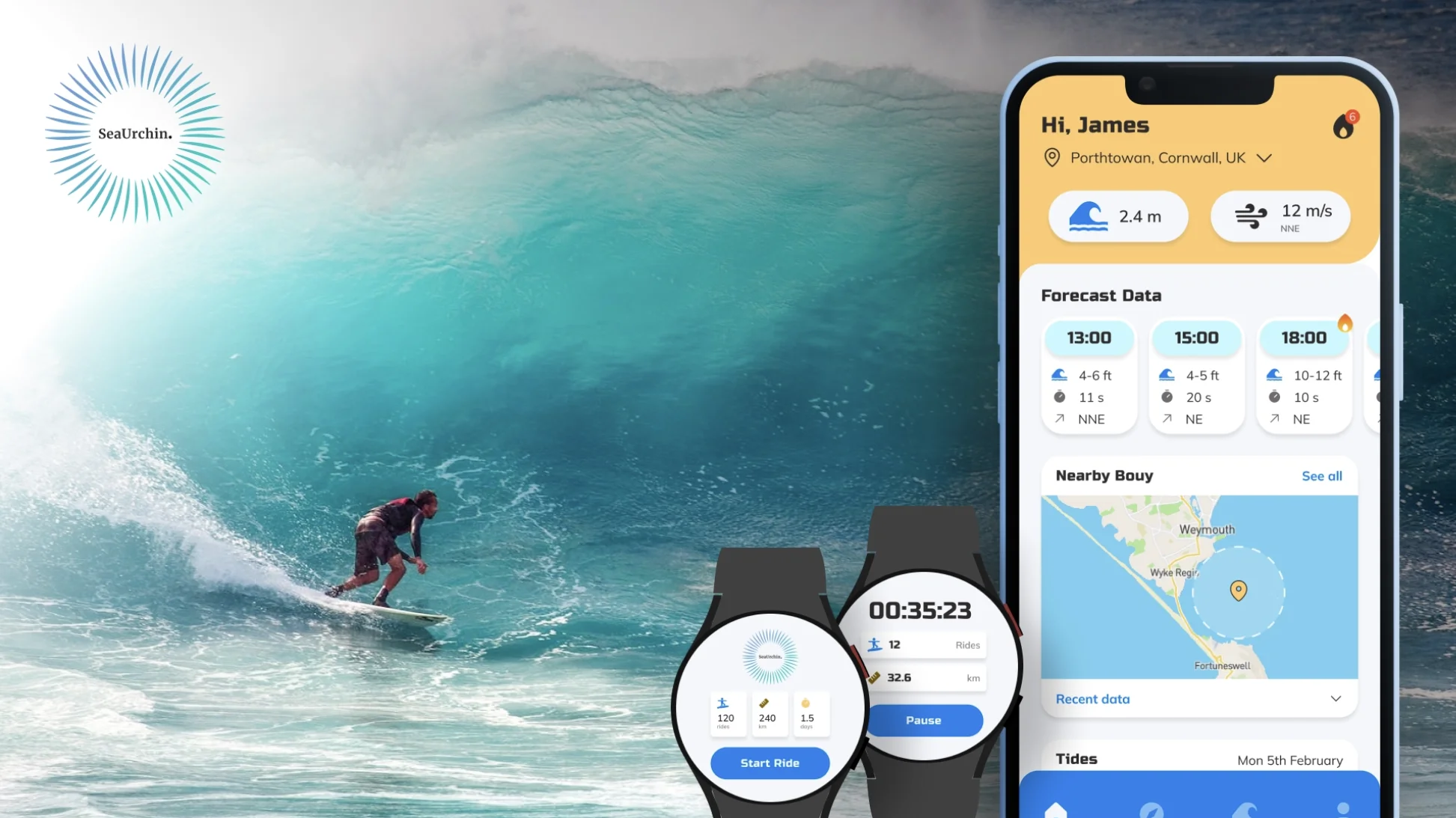 SeaUrchin Surf Tracker app interfaces